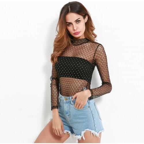 Womens Sexy Bodysuit Turtleneck Long Sleeve Hollow Out Black Jumpsuit Romper Body feminino overalls mesh playsuit