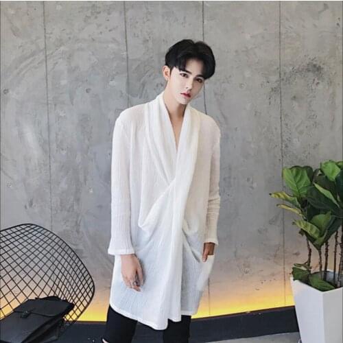 Hot ! 2020 New Men Clothing Tide Nightclub Linen Shirt Three Quarter Sleeve Hairstylist Personality Top Loose Thin Linen Shirts