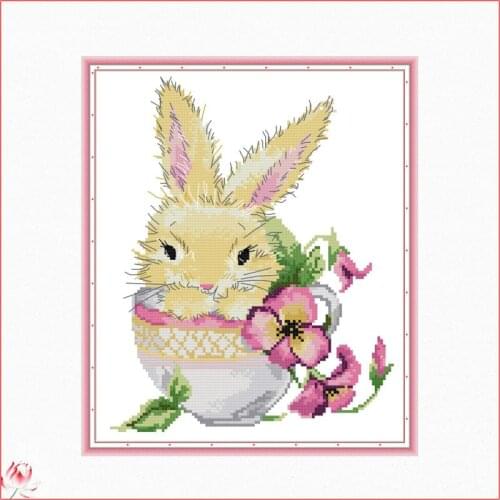 Joy Sunday Cute cartoon Animal Rabbit In The Cup Cross Stitch Kit 14ct 11ct Embroidery Set DIY Handmade Sewing Needlework Gift