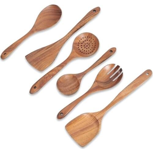 6Pcs Wooden Spurtles Set,Natural Teak Kitchen Utensils Set, Kitchen Tools Nonstick Cooking Set for Stirring,Serving