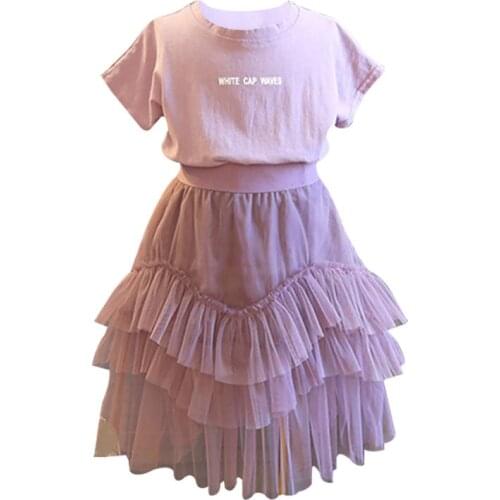 2019 Summer New Girls Set Letter Short-Sleeved T-Shirt+Net Skirt Solid color Two-Piece For 2-8 Years Old