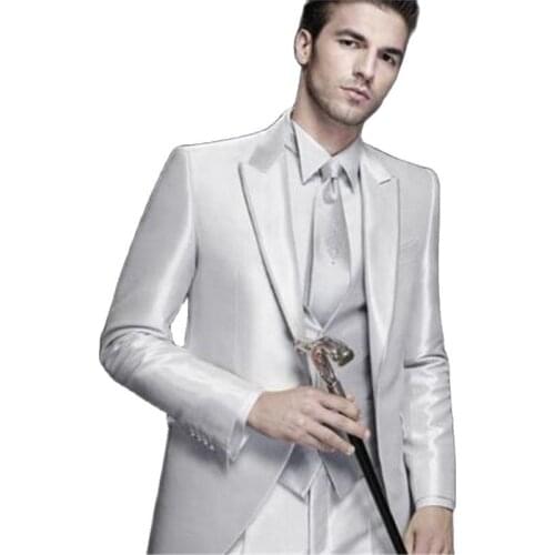 Silver Formal Wear Mens Suits Costume Homme Groom Business Men Wedding Suit Tuxedo Style Prom Tuxedo 3pieces Coat+Pants+Vest