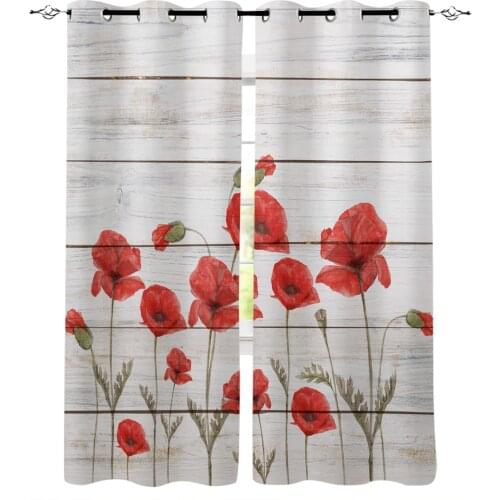 Red Poppy Flower Wood Board Window Curtains for Living Room Bedroom Kitchen Modern Curtains Home Decoration Drapes Blinds