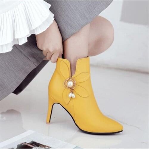 PXELENA 2018 Autumn Vogue Ankle Boots Women Pointed Toe Flower Beads Stiletto High Heels Boots Ladies Shoes Party Wedding White