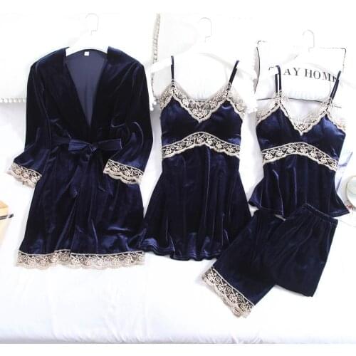 Autumn Warm Women Pyjamas Suit Velour Kimono Robe Sexy Lace Pajamas Set Nightwear Wedding Gift Navy Blue Bathrobe Gown Homewear