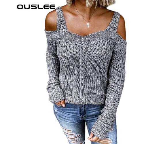 OUSLEE Sexy Womens Sweaters Off The Shoulder Solid Casual Knitted Sweater Female V Neck Tops Long Sleeve Pullover Women Knitwear