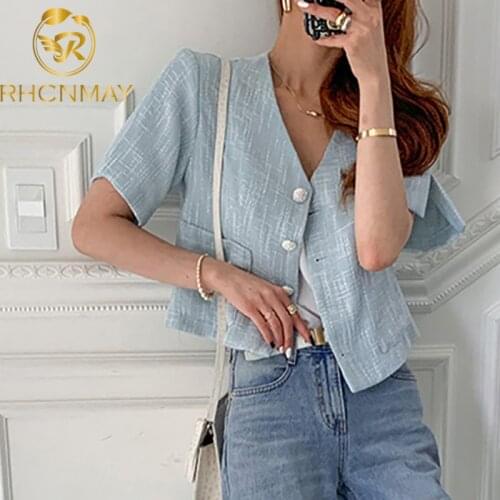 Korean Fashion Summer Short Sleeve Tweed Jacket Single Breasted V-neck Pockets Chic Casual Short Cardigan Vintage Clothes