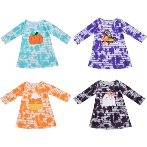 FOCUSNORM Halloween Tie-Dye Printed Baby Girls Dress Long Sleeve Cartoon Print Knee Length A-Line Dress 4 Colors