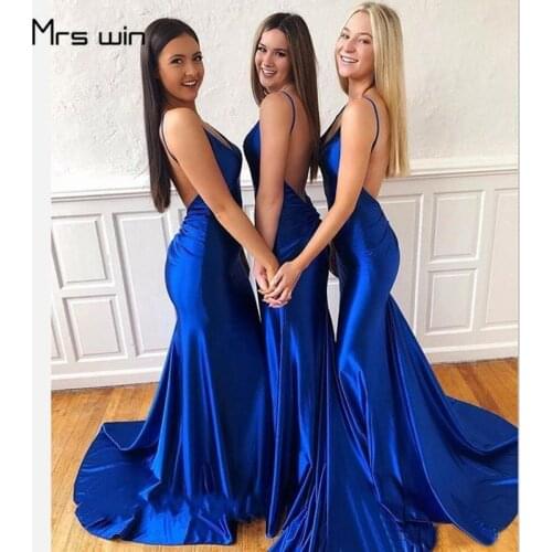 Mrs win Bridesmaid Dresses Royal Blue Mermaid Long Vestido Madrinha HR242 For Girls Deep V Neck Backless Wedding Guest Dresses