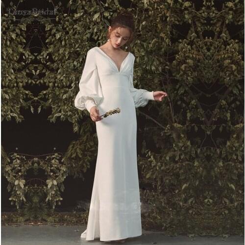 Deep V-Neck Mermaid Wedding Dresses Lantern Long Sleeve Simple Bridal Gowns Floor length Vestido De noivas DW316