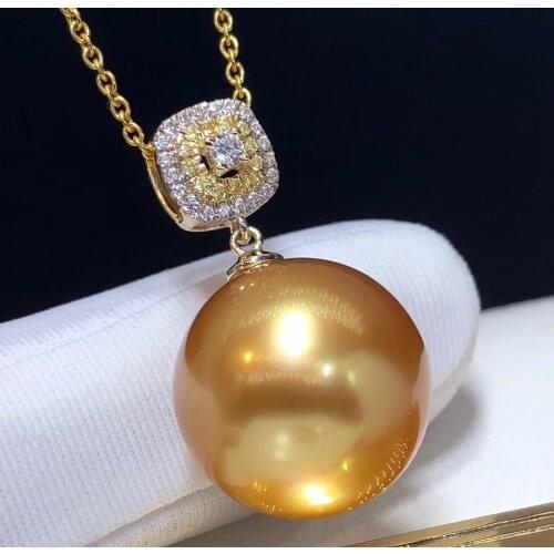 D119 Fine Jewelry 18K Gold Natural Ocean Golden Pearl 12-13mm Diamonds Pendants Necklaces for Women FIne Pearls Pendants