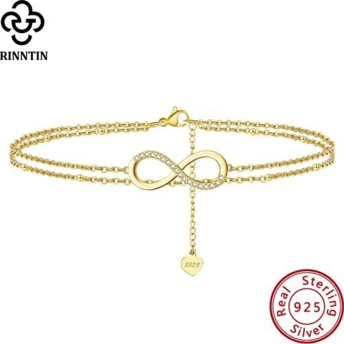 Rinntin 925 Sterling Silver Unique Layered Infinity&Satellite Anklets for Women 14K Gold Foot Bracelet Ankle Straps Jewelry SA16