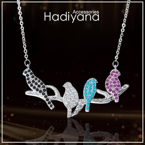 Hadiyana Cute Birds Branch Christmas Necklace With Multicolor AAA Cubic Zirconias Fashion Statement Necklaces For Women XL063