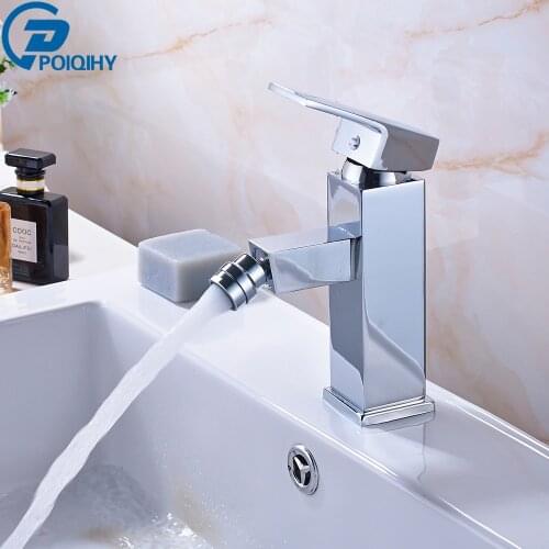 POIQIHY Chrome Bidet Faucet Bathroom Single Hole Deck Mounted Brass Mixer Hot and Cold Tap Bidet Faucet Rotating Spout