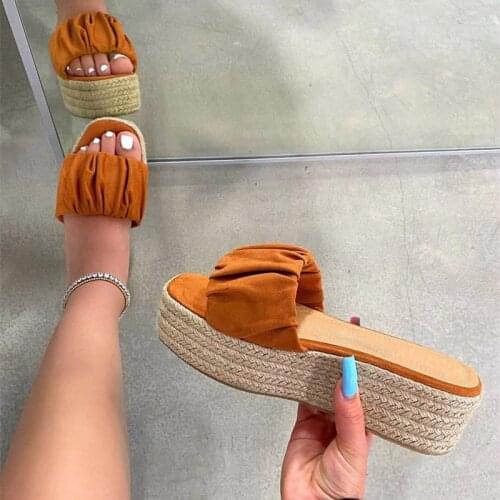 Womens Summer Thick Bottom Slippers Women Pleated Fashion Shoes Female PU Leather Platform Slides Ladies Rope Compilation Shoe