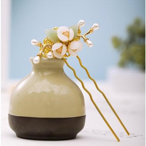 Gold Color Metal Flower Leaf Simulated Pearls U Shaped Hairpins Clips Hair Fork Sticks Women Grils Hanfu Cheongsam Hair Jewelry