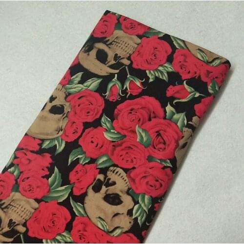 Vintage Punk Cool Blooming Red Rose Flower Skull Printed Cotton Spandex Fabric 50x105cm Elastic Stretchable Skull Fabric Patchwo