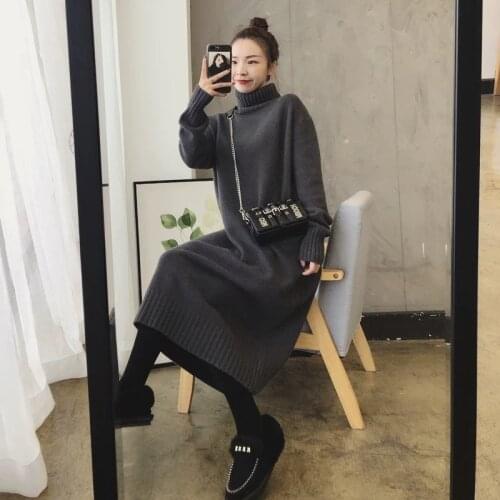 Turtleneck Knitted Winter 2021 Jumper Dresses Korean Warm Thick Pollover Woman Casual Sweater Dress Women Solid New Vestido Midi