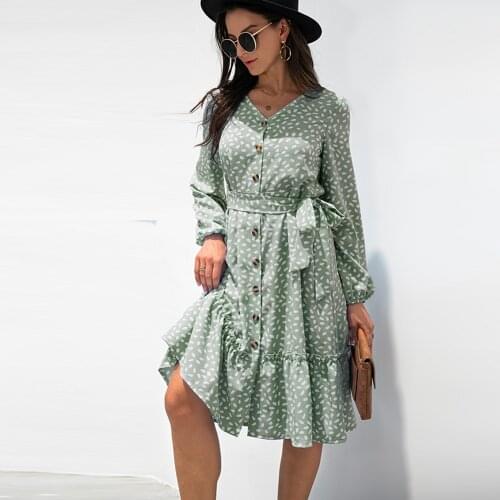 Polka Dot Long Sleeve Women Dress Autumn V Neck Single Breasted High Waist Lace Up Party Dresses Elegant Lady Ruffles Midi Dress