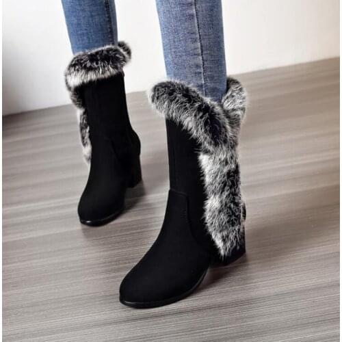 2022 Winter Women Snow Boots Warm Antieskid Mid Calf Boots Square heel Slip On Casual Women Flock Rabbit hair Shoes