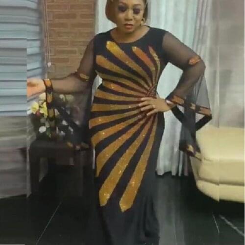 African Mermaid Dresses For Women Mesh Splice Flare Sleeve With Diamond Robes Fashion Black Dashiki African Party Dress Vestidos