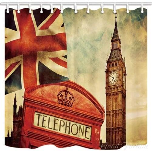 British Flag Shower Curtain London Big Ben And Telephone Booth Polyester Bathroom Decoration