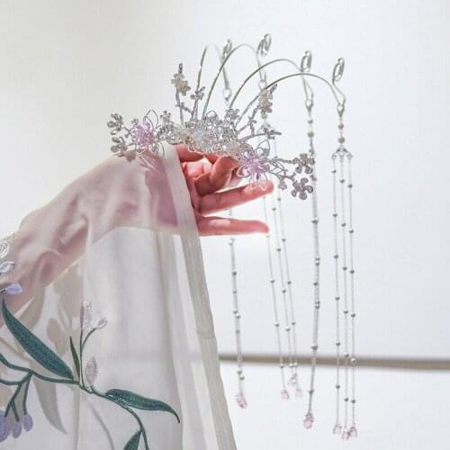 Ancient Costume Handmade Hanfu Headdress Big Hair Crown Long Fringe Hairpin Temperament Travel Performance Accessories