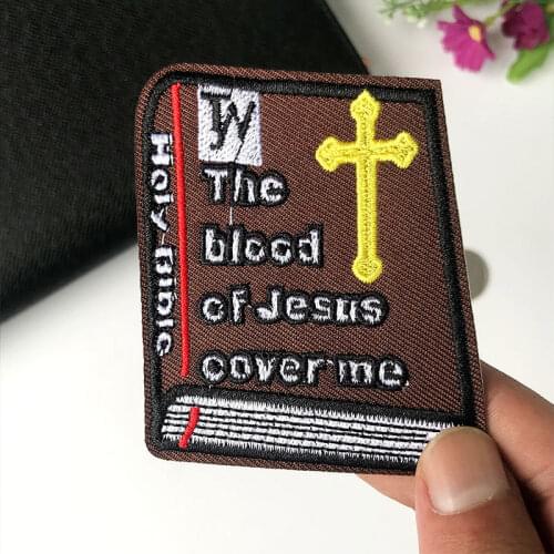 Fine Bible Sayings Embroidery Patches The Blood of Jesus Cover Me Book Badge Christ Armband Clothing Cap Bag Fabric Parches
