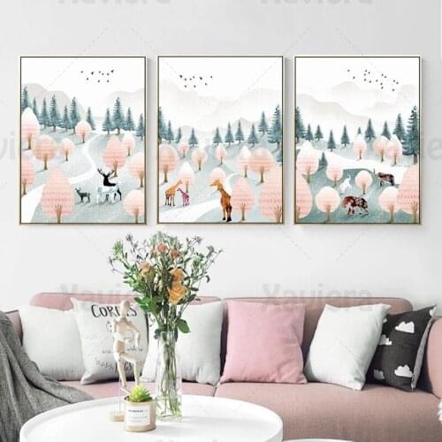 Cartoon Landscape Mountain Forest Animal Poster Natural Wall Art Canvas Painting Nordic Poster Print Living Room Bedside Decor