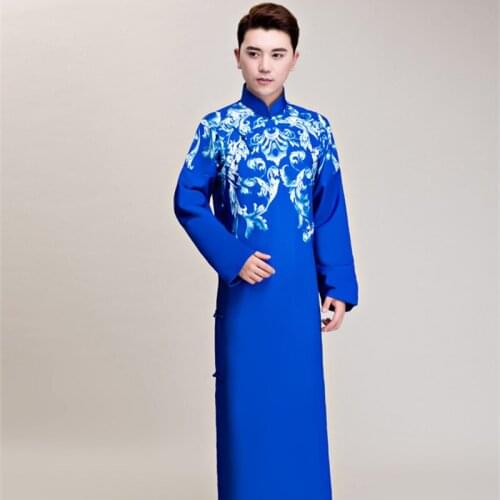 Blue ancient long robe for men Crosstalk suit vintage clothing for men ancient chinese men cosplay speaker costumes performance
