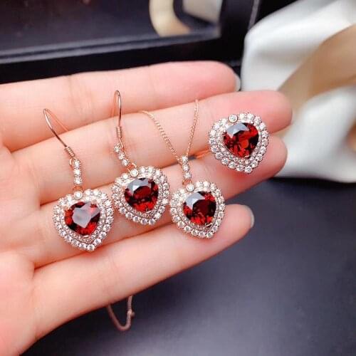 Natural real red garnet jewelry set 1pc ring 1pc pendant 1pair stud earring 925 sterling silver Fine jewelry