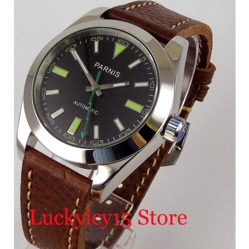 PARNIS Polished Flash Hand Mechanical Automatic Men Watch 21 Jewels MIYOTA 8215 Leather Band Screwdown Crown