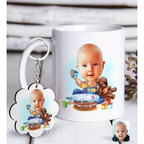Personalized Baby Birthday Caricature Of White mug And Keychain Gift Seti-1