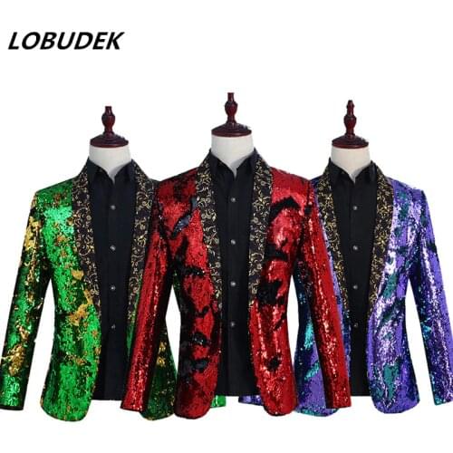 Men Formal Suit Jackets Flipping Sequins Blazers Coat 6 Colors Fashion Slim Outerwear Prom Host Clothing Bar DJ Singer Costume