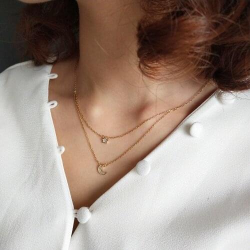 Authentic 925 Sterling silver gold Double Rows Crescent Star zircon AAA+ pendant necklace wild temperament necklace X191