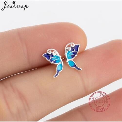 Genuine 925 Sterling Silver Blue Enamel Butterfly Stud Earrings Jewelry for Women Everyday Jewelry Cute Animal Accessories Gift