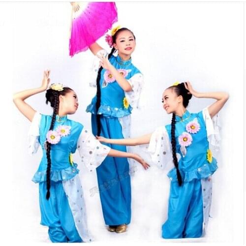 Blue Embroidery Chinese Traditional dance costumes square dance yangko fan dance costumes stage performance clothing drum wear