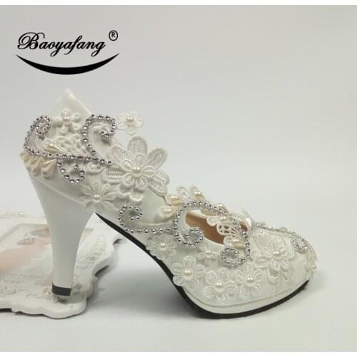 BaoYaFang White Flower crystal wedding shoes Bride High Heel shoes Ladies Party shoes Round Toe Autumn New design Single shoes