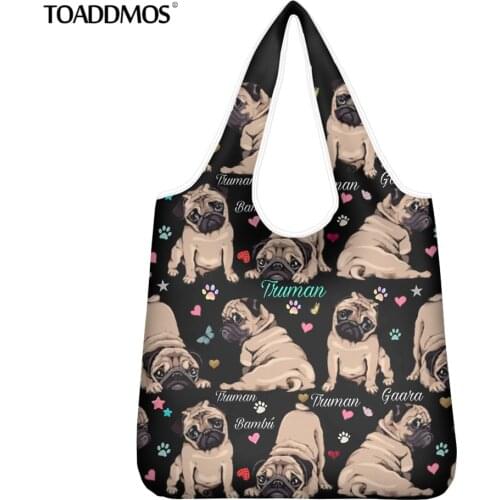 TOADDMOS Kitchen/Bathroom Storage Bags for Ladies Cute Pug Dog Black Foldable Shopping Shoulder Bags Reusable Handbags Grocery