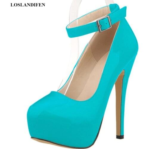 LOSLANDIFEN Shoes Women Patent Leather Black Blue Red Stiletto Heels Pumps Wedding Sexy Platform Ladies Peep Toe Party Shoe 2021