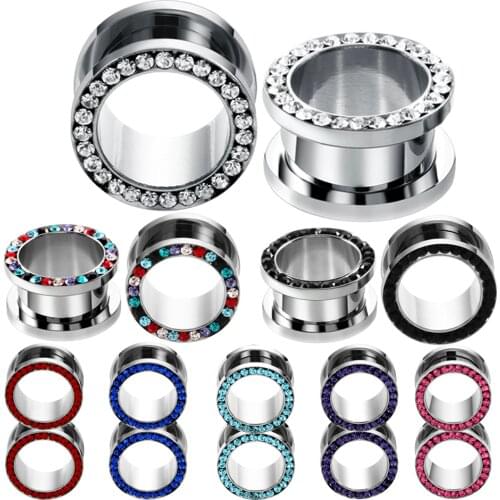 2Pcs Steel Paved Crystal Gem Ear Piercing Tunnel Gauge Colorful Screw Fit Ear Flesh Plugs Ear Expander Piercing Jewelry 6mm-16mm