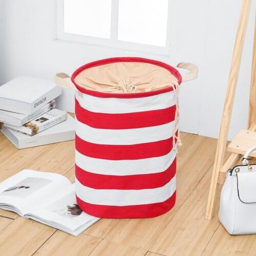 Folded Toy Storage Bucket With Thick Stripes Canvas Clothes Basket Waterproof Dustproof
