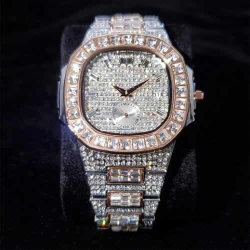 Hip Hop MISSFOX Unique Mens Watches Date Quartz Wristwatch Rose Gold Stainless Steel Band Baguette Diamond Watch For Men Jewelry