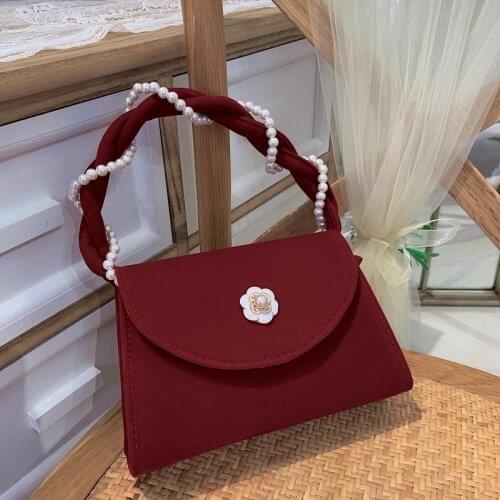 Vintage Bag for Women Camellia Designer Velvet Handbag Pearl Chain Shoulder Bag Elegant Woman Wedding Party Bags Purses
