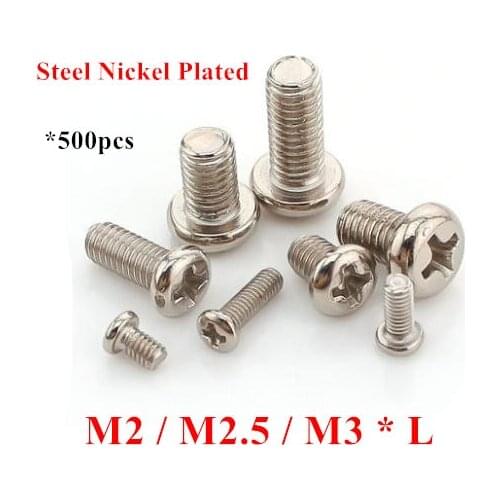 500pcs M2 M2.5 M3*3/4/5/6/7/8/9/10/12/14/16/20/25/30mm Screws Pan Phillips head machine screw steel with nickel plated