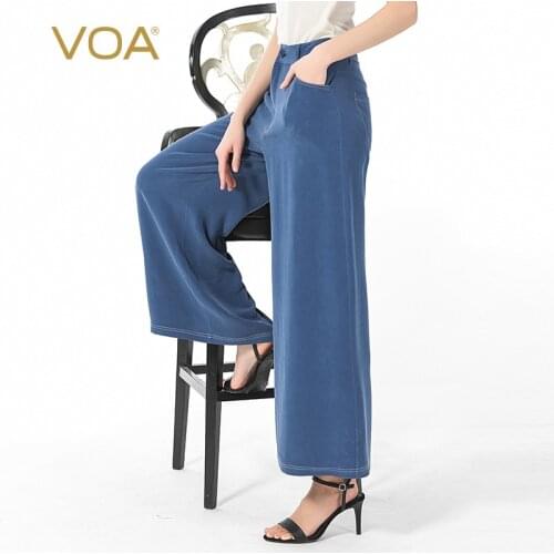 VOA Silk 30M/m Blue Heavy Dig Bag Wire Decoration Yi Li Kou Skin Loose Nine Wide Leg Pants Women Plus Size Clothes KE3