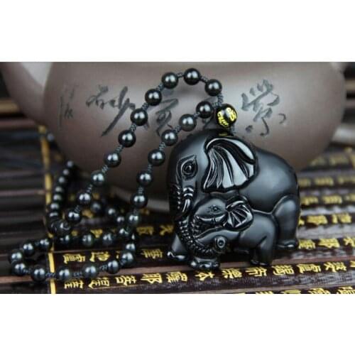 High Quality Unique Natural Black Obsidian hand Carved Elephant Lucky Amulet Pendant Necklace For Women Men pendant