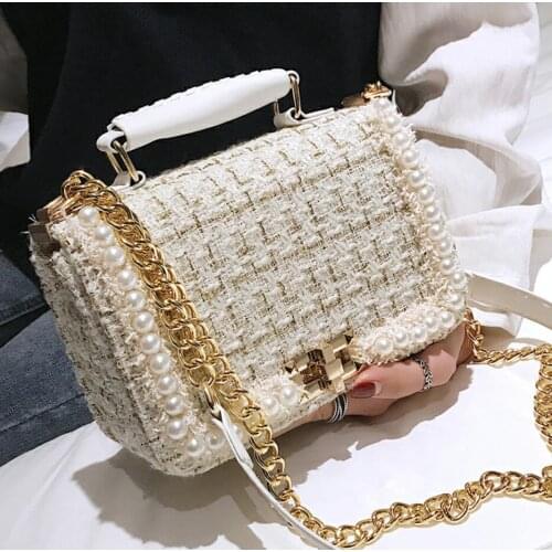 2021Fashion New Female Square Tote bag Quality Woolen Pearl Womens Designer Handbag Ladies Chain Shoulder Crossbody Bag Travel