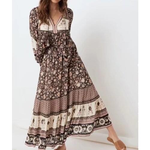 Autumn Bohemian Lacing up Tassel Floral Shirt BOHO Women Elastic Waist Maxi Long Skirts Long Sleeve Blouse Holiday 2 Pieces Set