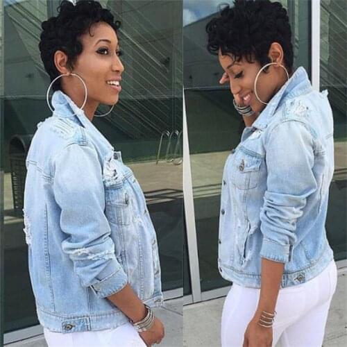 Women Hole Washed Cowboy Coat Casual Ripped Slimming Light Blue Denim Jackets Vintage Button Long Sleeve Trun Down Collar Jacket
